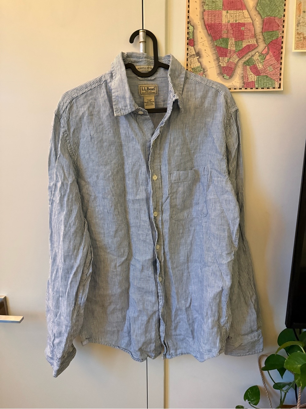 L.L. Bean 100% Linen Blue Stripe Button-Up Shirt